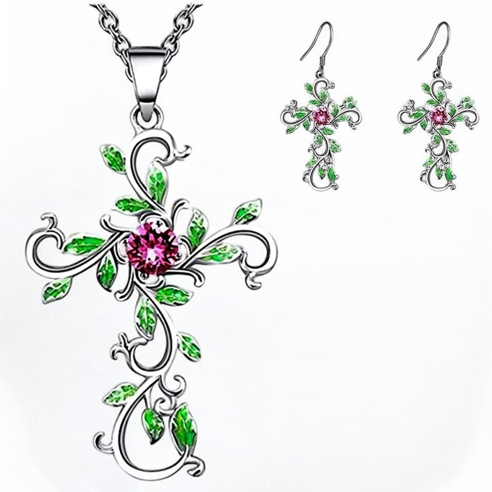 Cross Necklace Earring Set Religious Jewelry Red Faceted Rhinestone Silvertone
